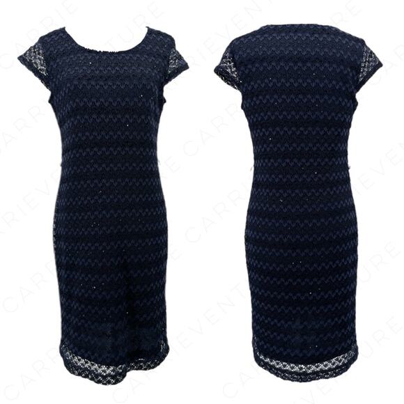Sharagano Dress Deep Navy Blue Lace Overlay Sequin Shimmer Chevron Pattern Sz 6 - Picture 4 of 7